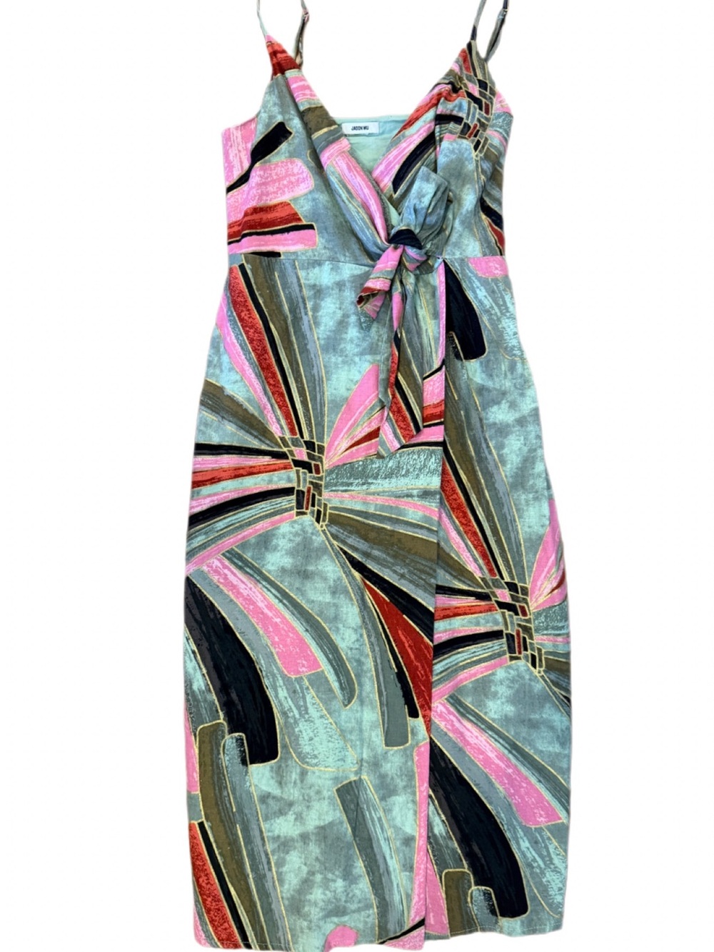 Jason Wu Linen Blend Surplice V Tie Front Spaghetti Strap Midi Dress Sz 2 Approx
